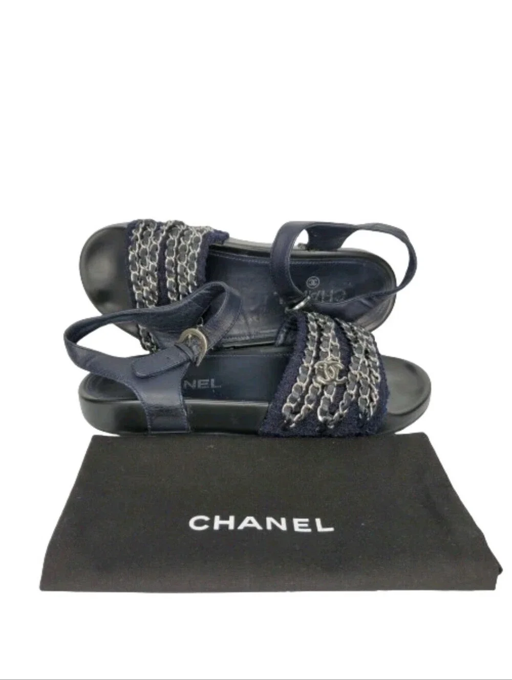 Chanel Tweed & Leather Silver Chain Dad Sandals